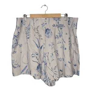 H&M Blue Creamy White Floral Print Linen Blend Pull On Women's Shorts XL